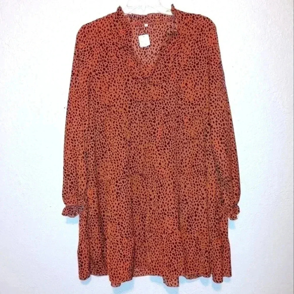 Womens Long Sleeve Ruffle Animal Print Boho Casual Loose Swing Dress Large - Picture 2 of 7